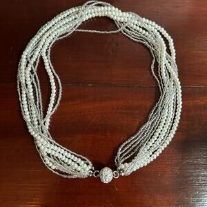 Multi Strand Faux Pearl Choker Seed Bead Necklace Retro CZ Ball Clasp Preppy